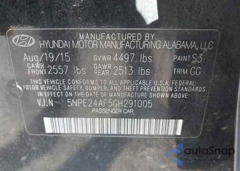 2016 Hyundai Sonata Se from USA, damaged, VIN 5NPE24AF5GH291005